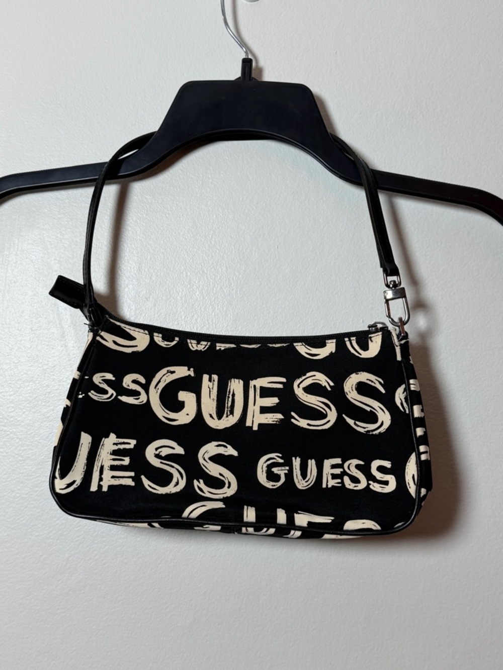Guess Y2K Black Shoulder Bag All-Over White Logo Print Zip Closure